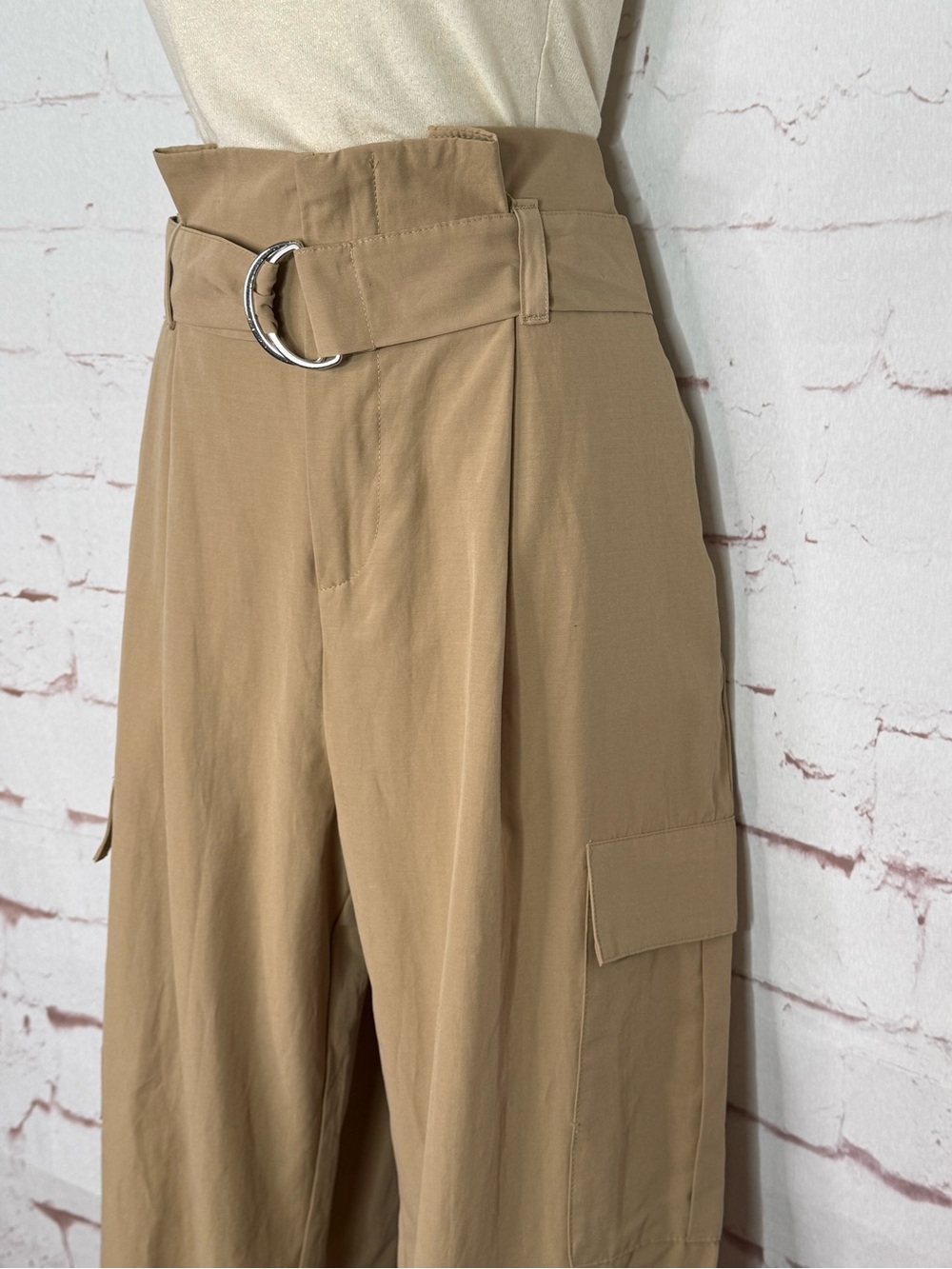ZARA New With Tag M High Rise Paper Bag Straight Leg Camel Cargo Pants Medium - Picture 15 of 15